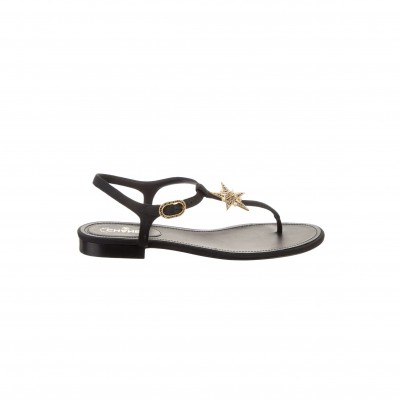 CHANEL LEATHER WOMEN’S SANDALS BLACK GOLD STARLIKE HARDWARE 